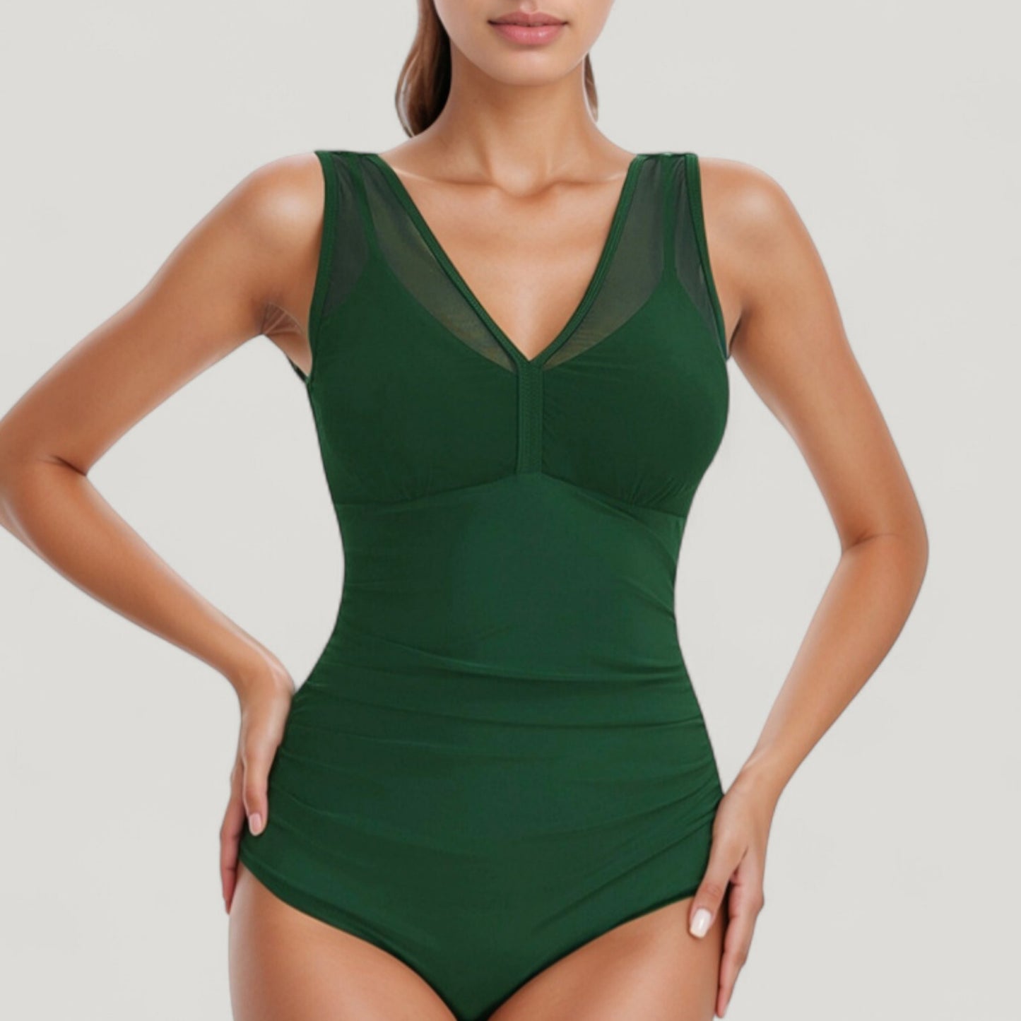 Anna-Kaci Swim Women's Mesh Insert V-Neck One Piece Swimsuit with Ruched Waist and Wide Shoulder Straps
