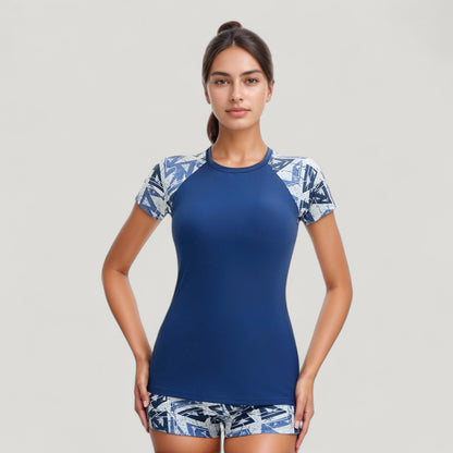 Anna-Kaci Swim Women's Short Sleeve Rash Guard Swimsuit Set with Printed Sleeves and Matching Swim Shorts