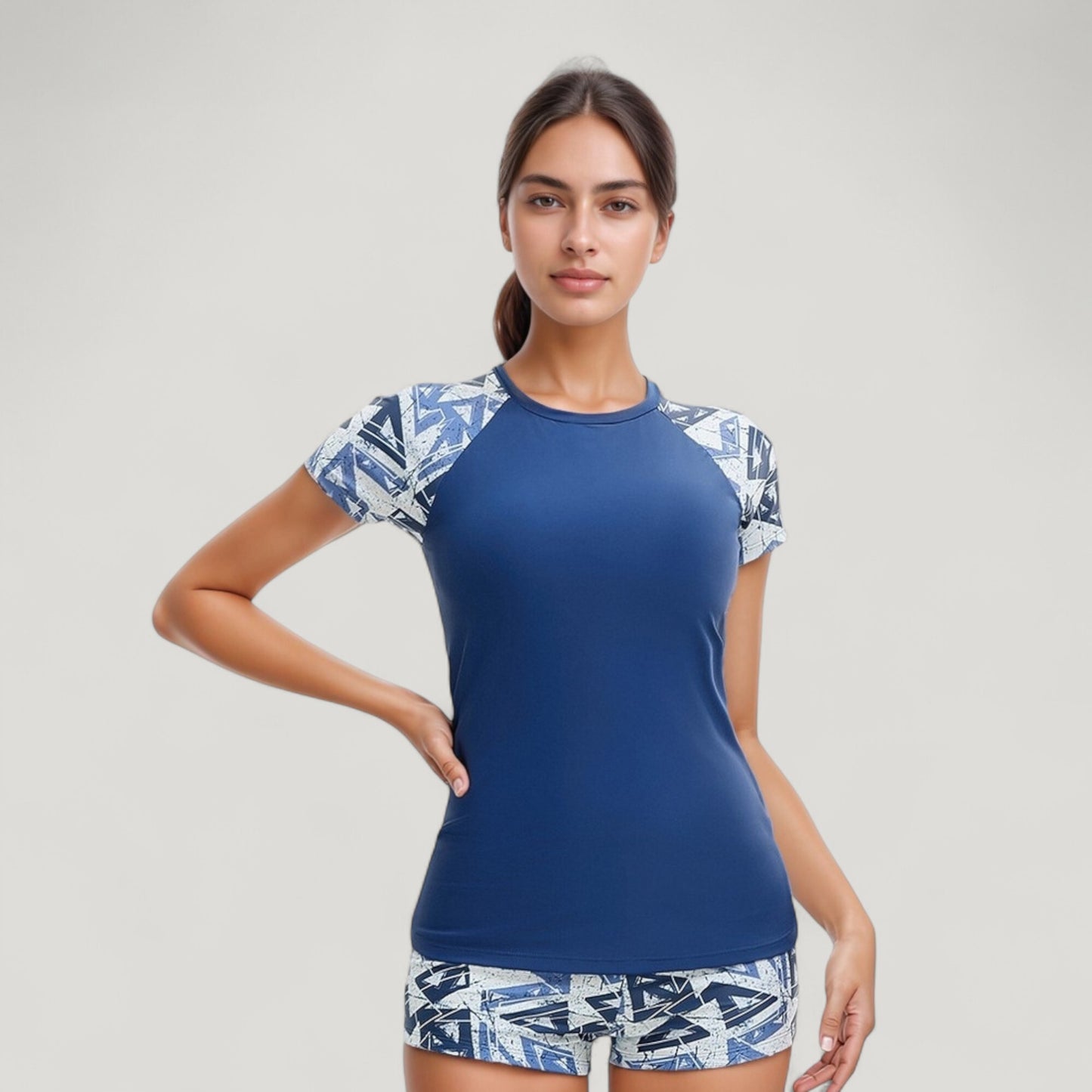 Anna-Kaci Swim Women's Short Sleeve Rash Guard Swimsuit Set with Printed Sleeves and Matching Swim Shorts
