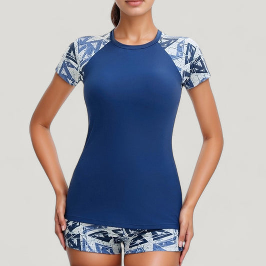 Anna-Kaci Swim Women's Short Sleeve Rash Guard Swimsuit Set with Printed Sleeves and Matching Swim Shorts