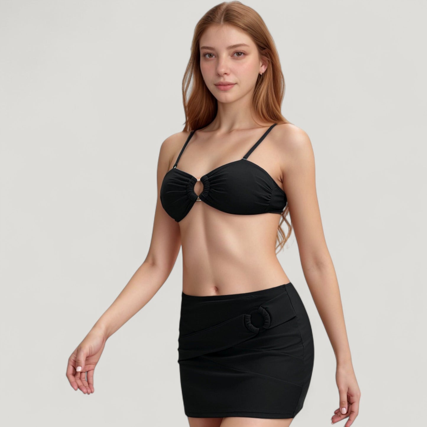 Anna-Kaci Swim Women's 3-Piece Bikini Set with Ring Front Bandeau Top High Waist Bottom and Matching Cover-Up Skirt