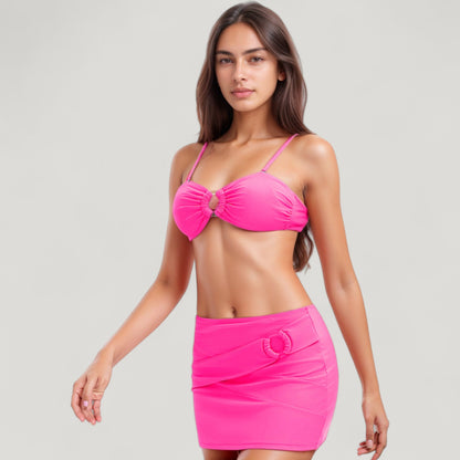 Anna-Kaci Swim Women's 3-Piece Bikini Set with Ring Front Bandeau Top High Waist Bottom and Matching Cover-Up Skirt