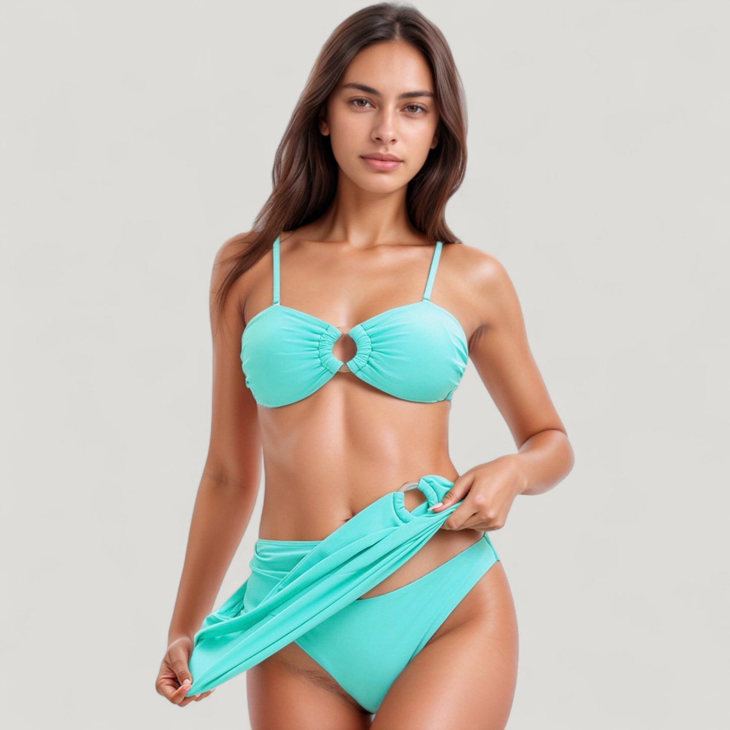 Anna-Kaci Swim Women's 3-Piece Bikini Set with Ring Front Bandeau Top High Waist Bottom and Matching Cover-Up Skirt