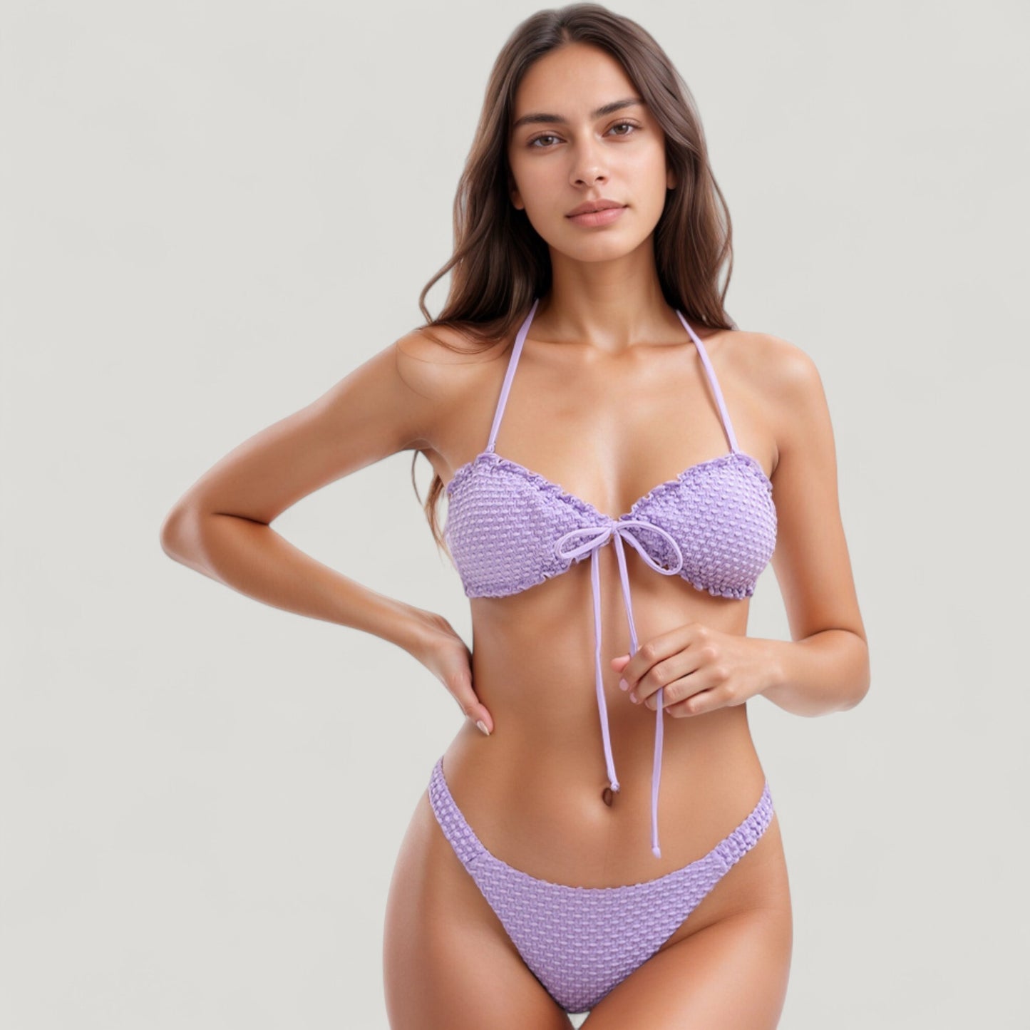 Anna-Kaci Swim Women's Textured Knit Bikini Set with Tie Front Bandeau Top and Low Rise Bottoms