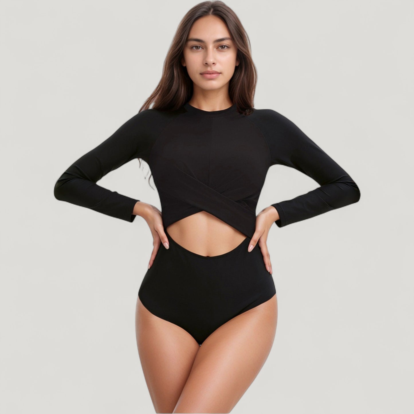 Anna-Kaci Swim Women's Long Sleeve One Piece Swimsuit with Cut-Out Waist and Cross Front Detail