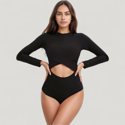 Anna-Kaci Swim Women's Long Sleeve One Piece Swimsuit with Cut-Out Waist and Cross Front Detail