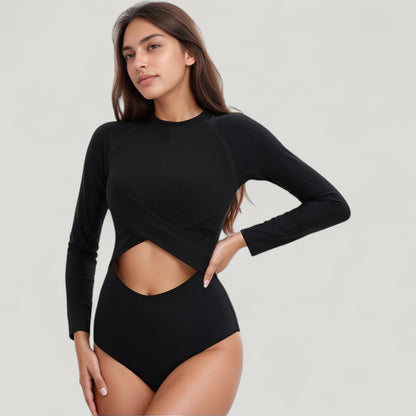 Anna-Kaci Swim Women's Long Sleeve One Piece Swimsuit with Cut-Out Waist and Cross Front Detail