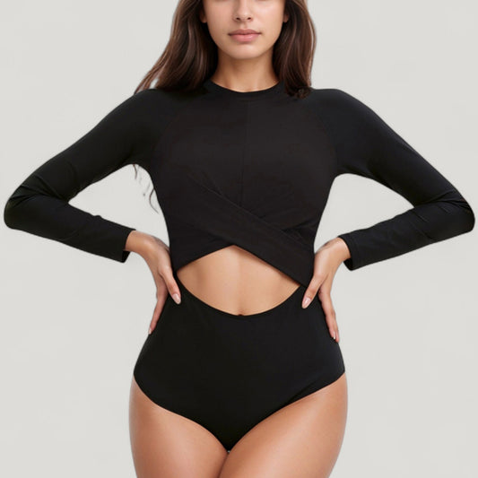 Anna-Kaci Swim Women's Long Sleeve One Piece Swimsuit with Cut-Out Waist and Cross Front Detail