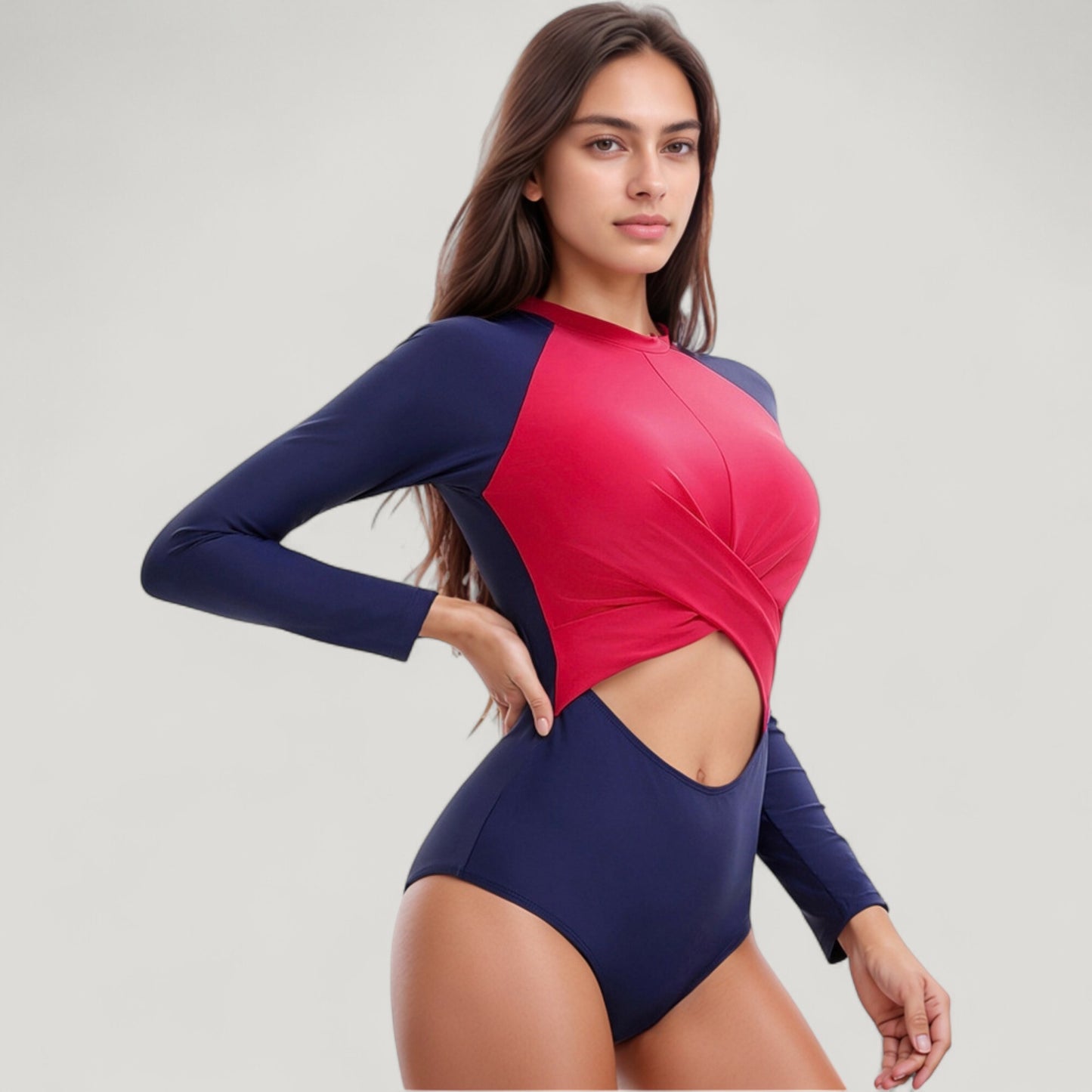 Anna-Kaci Swim Women's Long Sleeve One Piece Swimsuit with Cut-Out Waist and Cross Front Detail