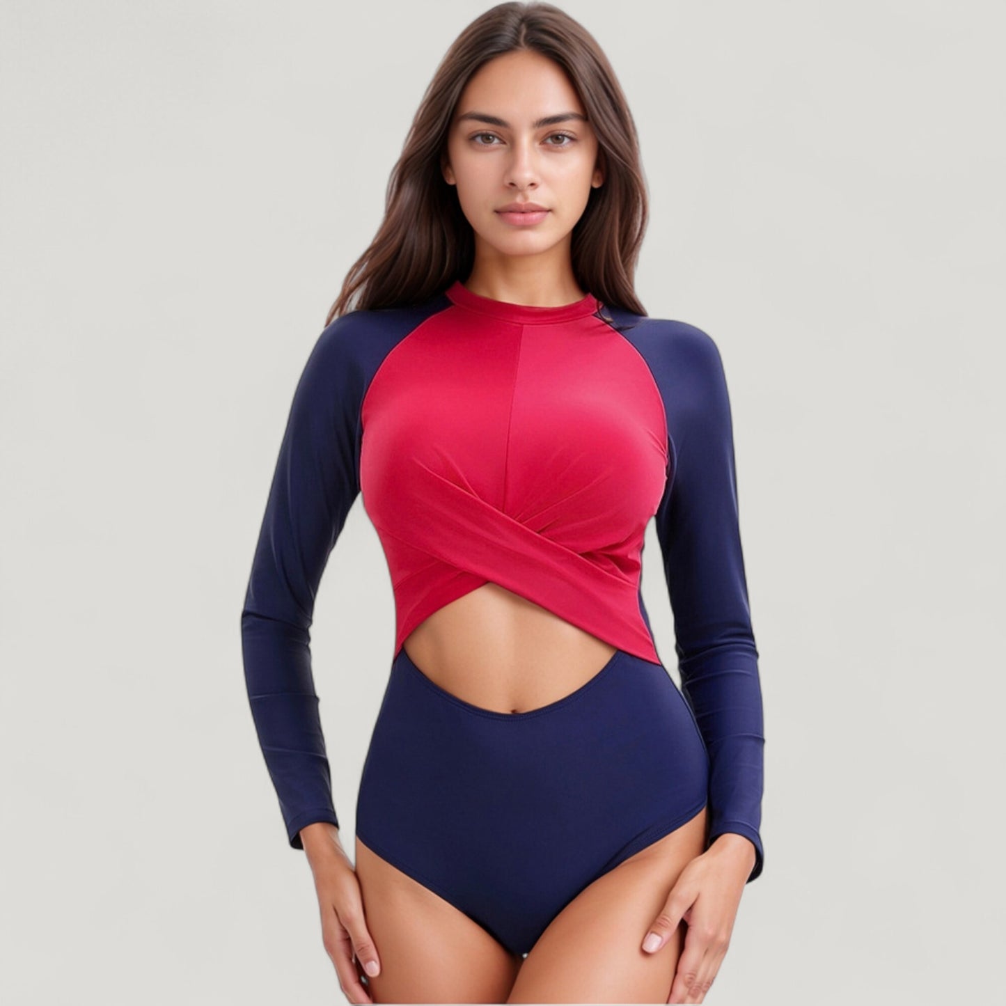 Anna-Kaci Swim Women's Long Sleeve One Piece Swimsuit with Cut-Out Waist and Cross Front Detail