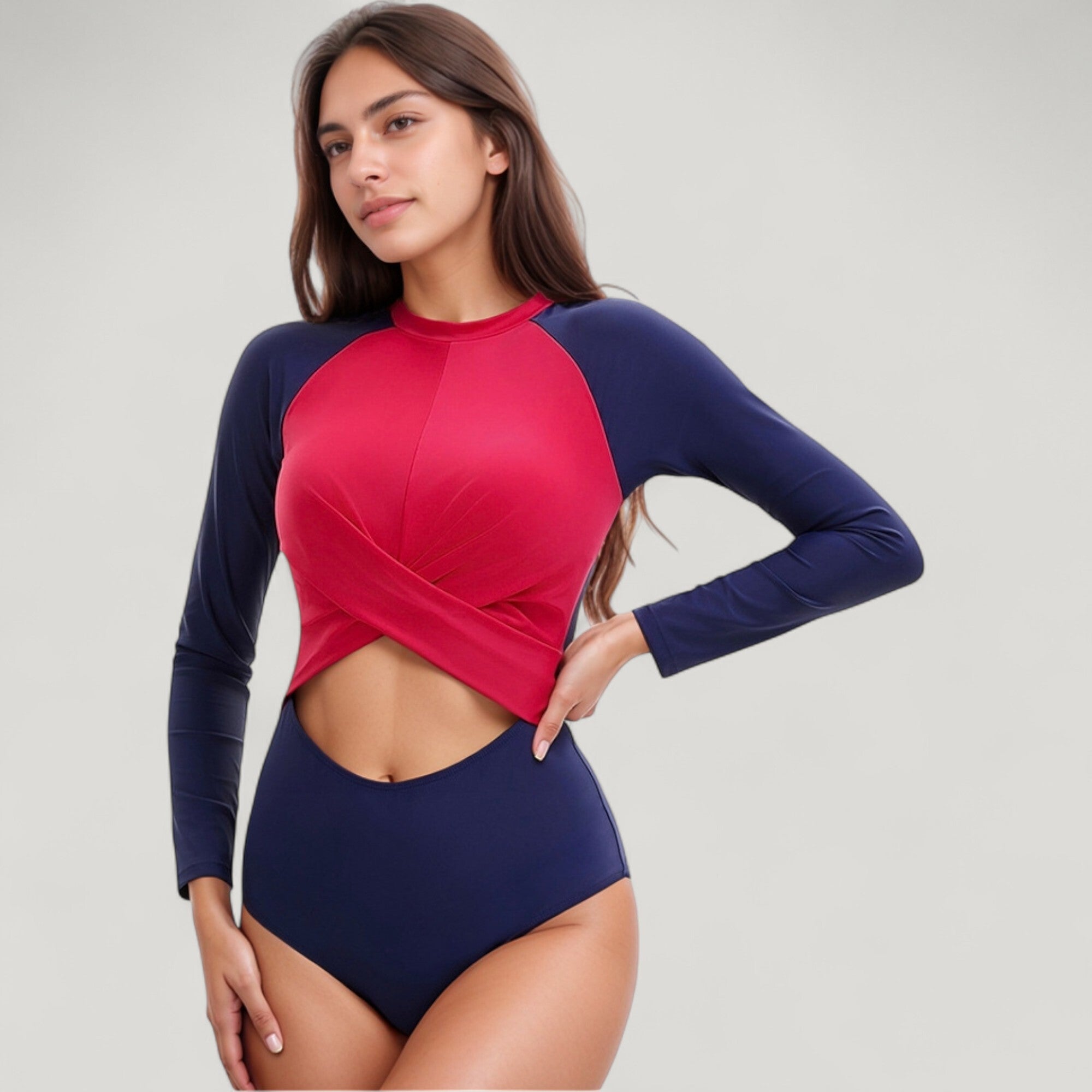 Anna-Kaci Swim Women's Long Sleeve One Piece Swimsuit with Cut-Out Waist and Cross Front Detail