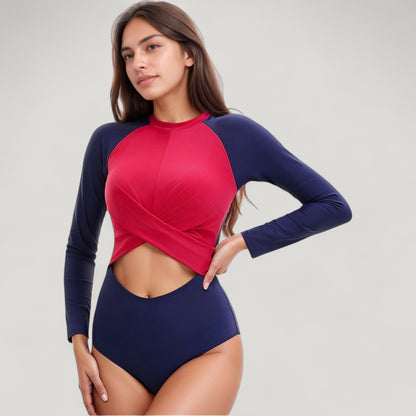 Anna-Kaci Swim Women's Long Sleeve One Piece Swimsuit with Cut-Out Waist and Cross Front Detail