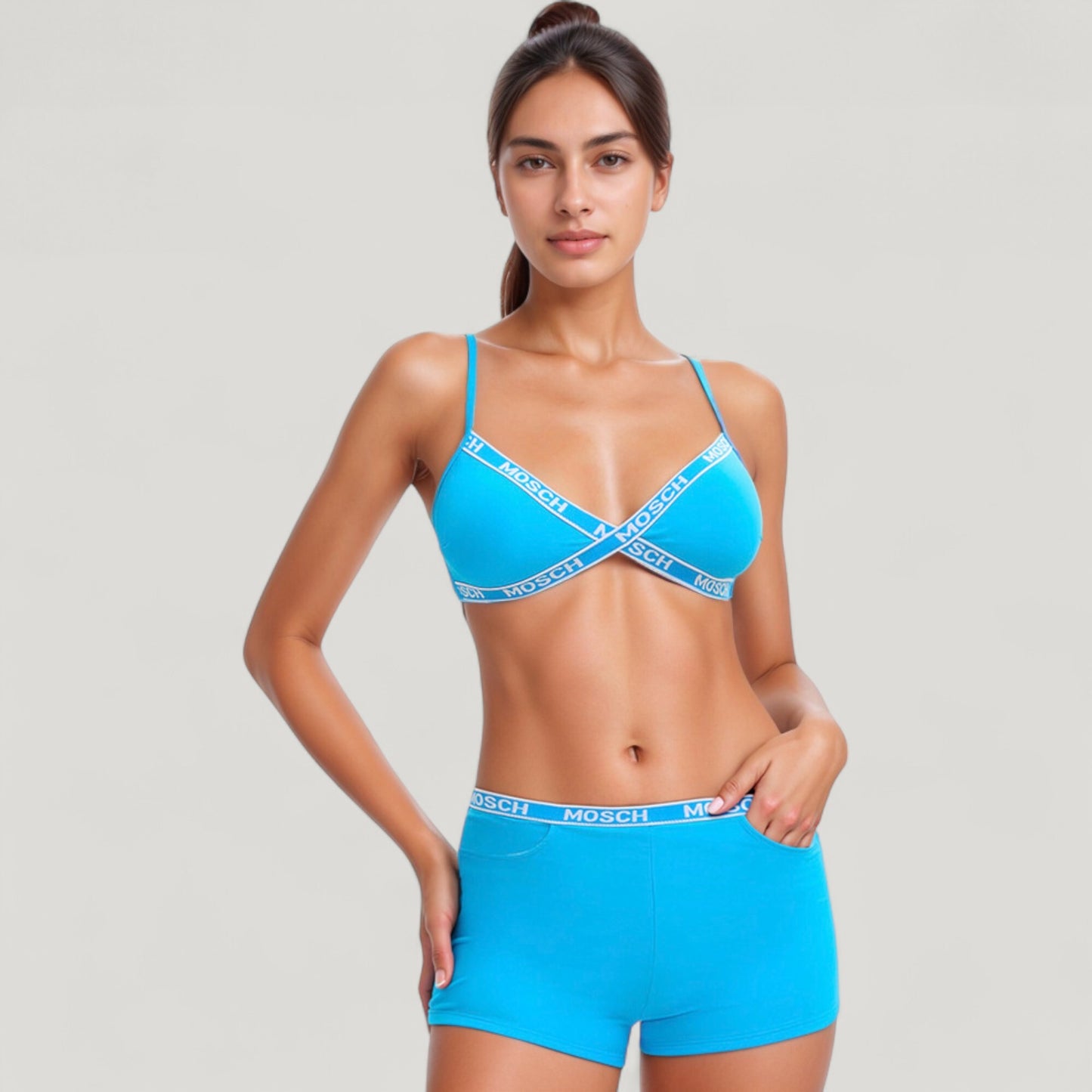 Anna-Kaci Swim Women's Branded Strap Triangle Bralette with Matching Logo Waistband Shorts Swimwear Set