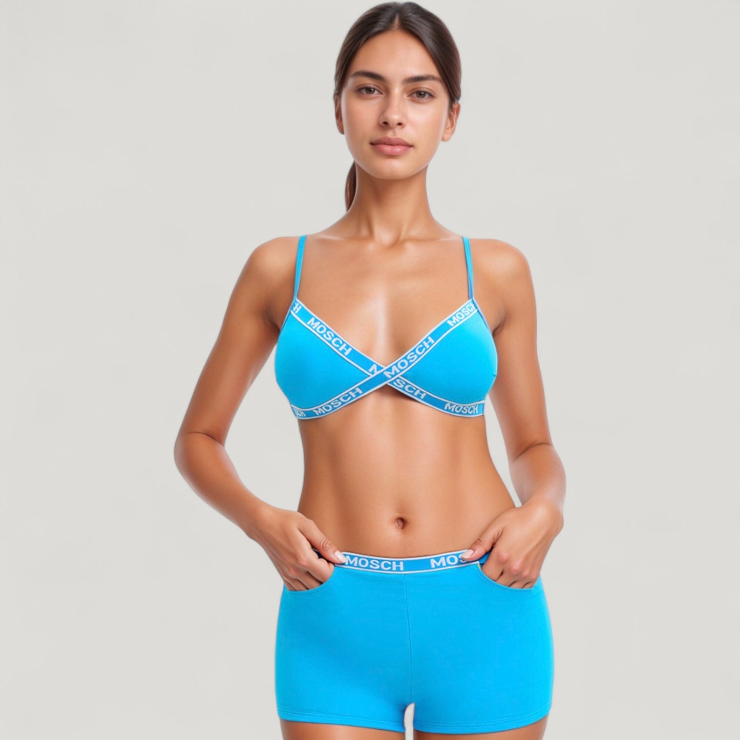 Anna-Kaci Swim Women's Branded Strap Triangle Bralette with Matching Logo Waistband Shorts Swimwear Set
