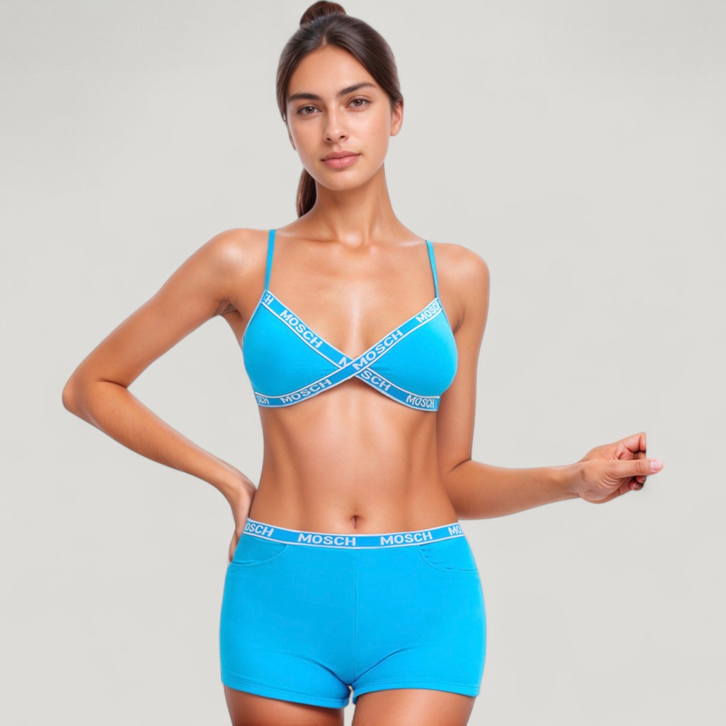 Anna-Kaci Swim Women's Branded Strap Triangle Bralette with Matching Logo Waistband Shorts Swimwear Set