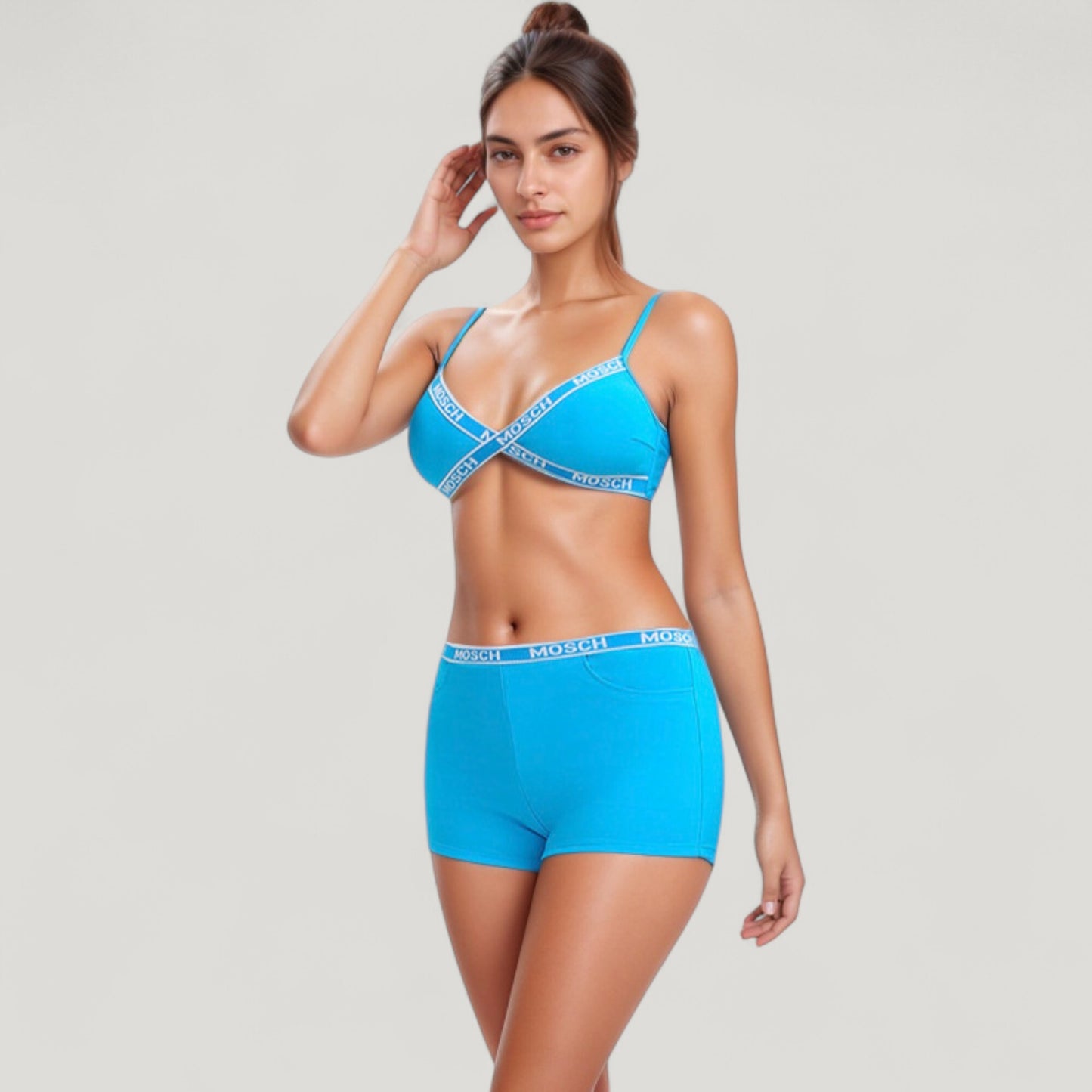Anna-Kaci Swim Women's Branded Strap Triangle Bralette with Matching Logo Waistband Shorts Swimwear Set