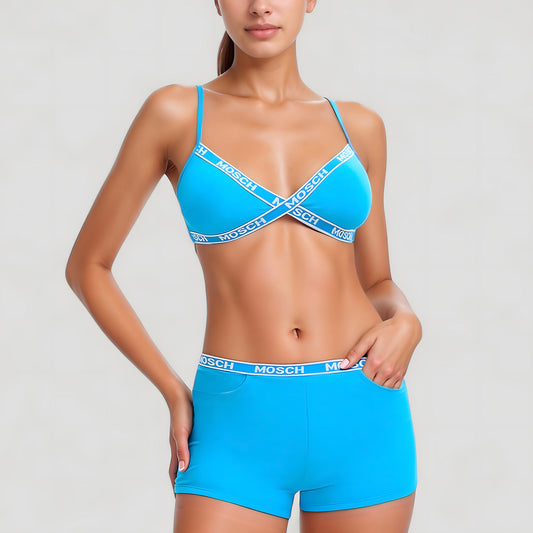 Anna-Kaci Swim Women's Branded Strap Triangle Bralette with Matching Logo Waistband Shorts Swimwear Set