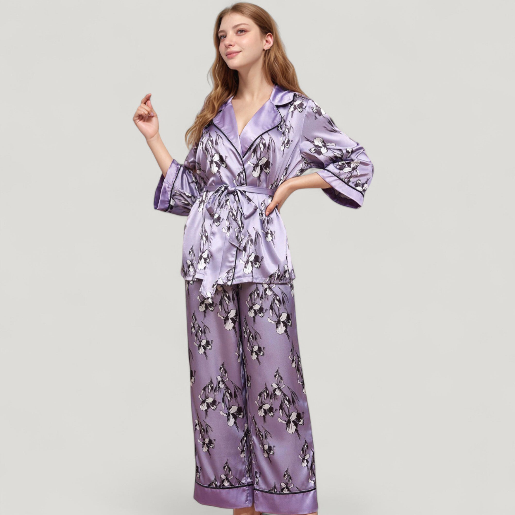 Anna-Kaci Lounge Women's Floral Satin Pajama Set with Long Sleeve Robe Top and Matching Wide Leg Pants