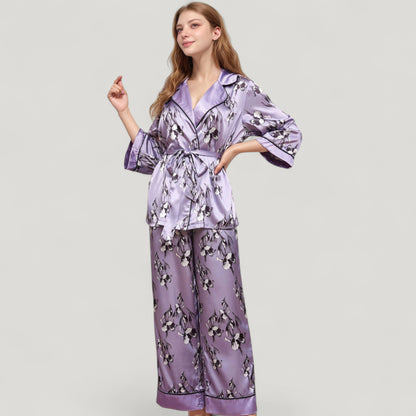 Anna-Kaci Lounge Women's Floral Satin Pajama Set with Long Sleeve Robe Top and Matching Wide Leg Pants