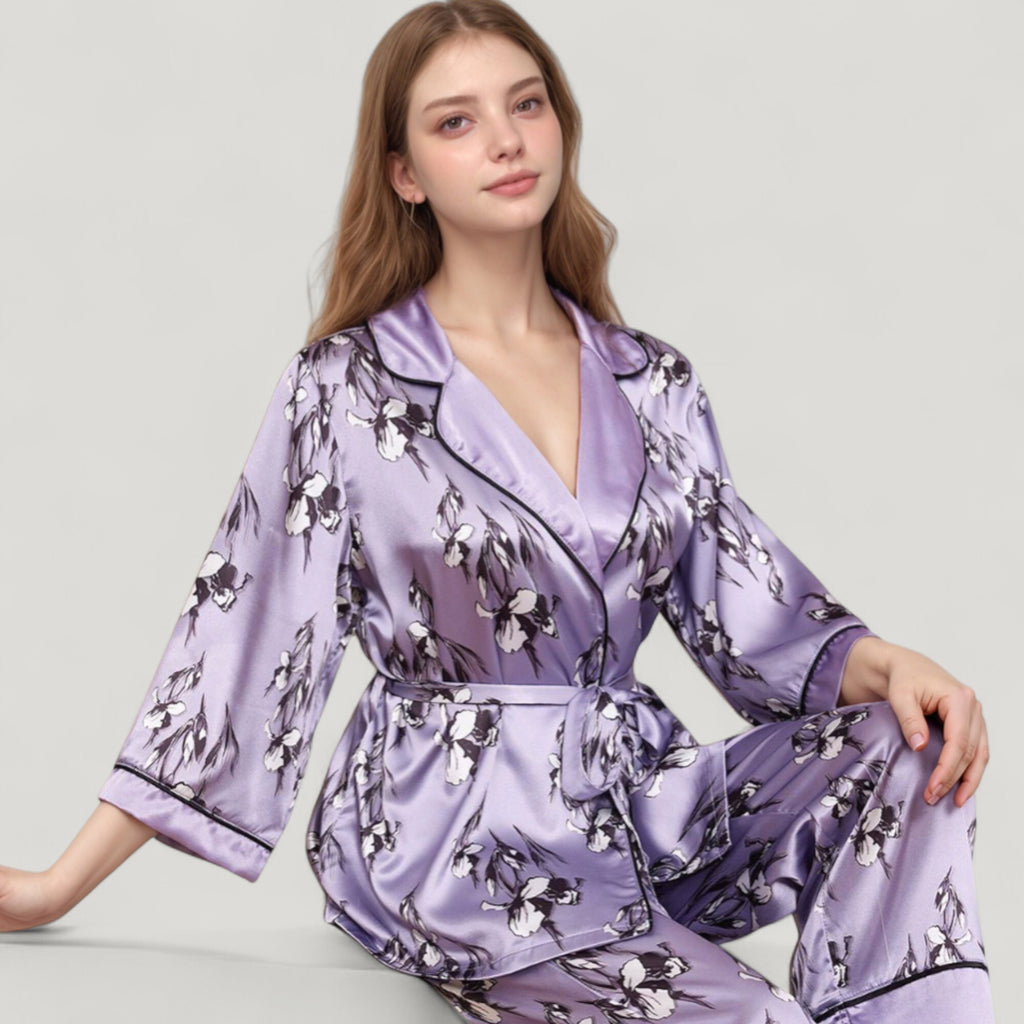 Anna-Kaci Lounge Women's Floral Satin Pajama Set with Long Sleeve Robe Top and Matching Wide Leg Pants