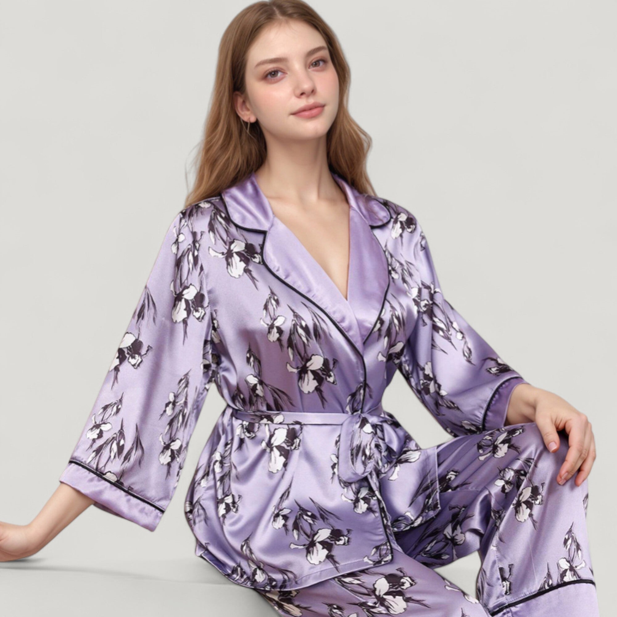 Anna-Kaci Lounge Women's Floral Satin Pajama Set with Long Sleeve Robe Top and Matching Wide Leg Pants