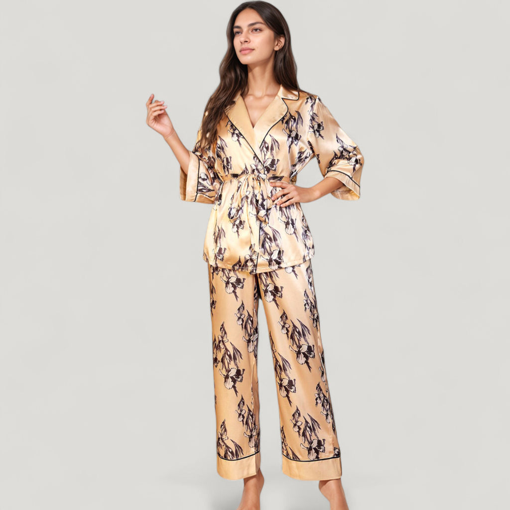 Anna-Kaci Lounge Women's Floral Satin Pajama Set with Long Sleeve Robe Top and Matching Wide Leg Pants