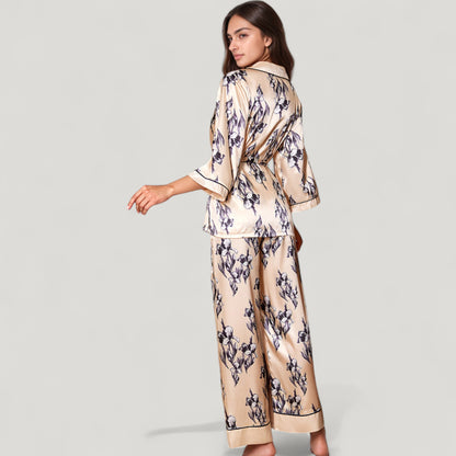 Anna-Kaci Lounge Women's Floral Satin Pajama Set with Long Sleeve Robe Top and Matching Wide Leg Pants