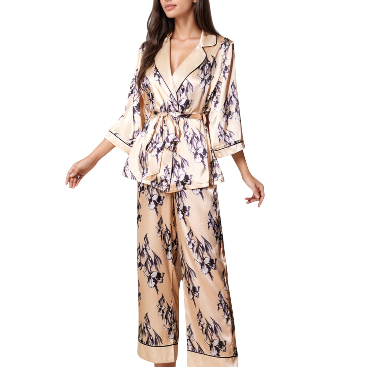 Anna-Kaci Lounge Women's Floral Satin Pajama Set with Long Sleeve Robe Top and Matching Wide Leg Pants