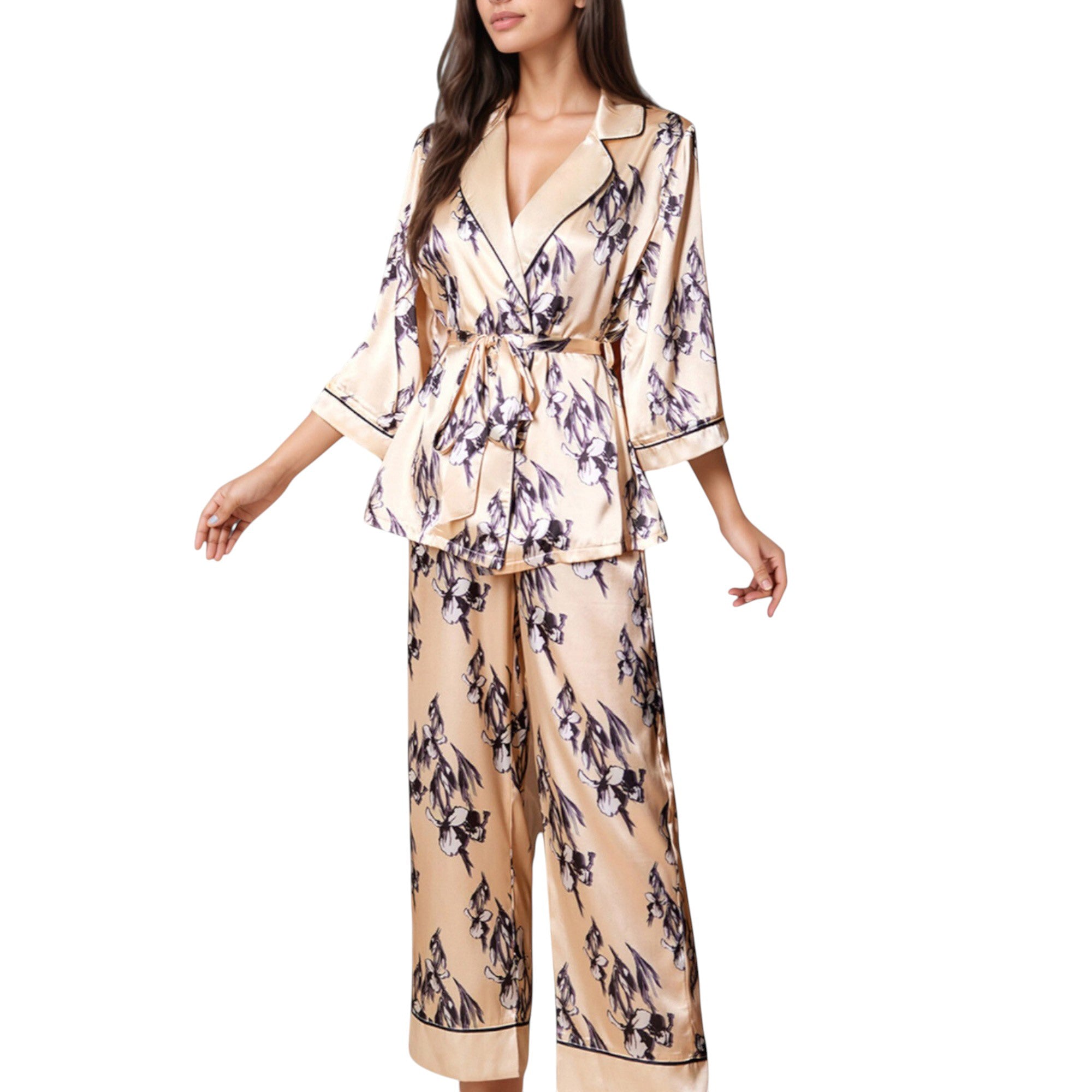 Anna-Kaci Lounge Women's Floral Satin Pajama Set with Long Sleeve Robe Top and Matching Wide Leg Pants