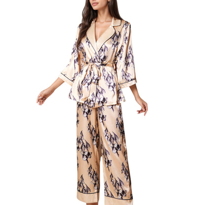 Anna-Kaci Lounge Women's Floral Satin Pajama Set with Long Sleeve Robe Top and Matching Wide Leg Pants