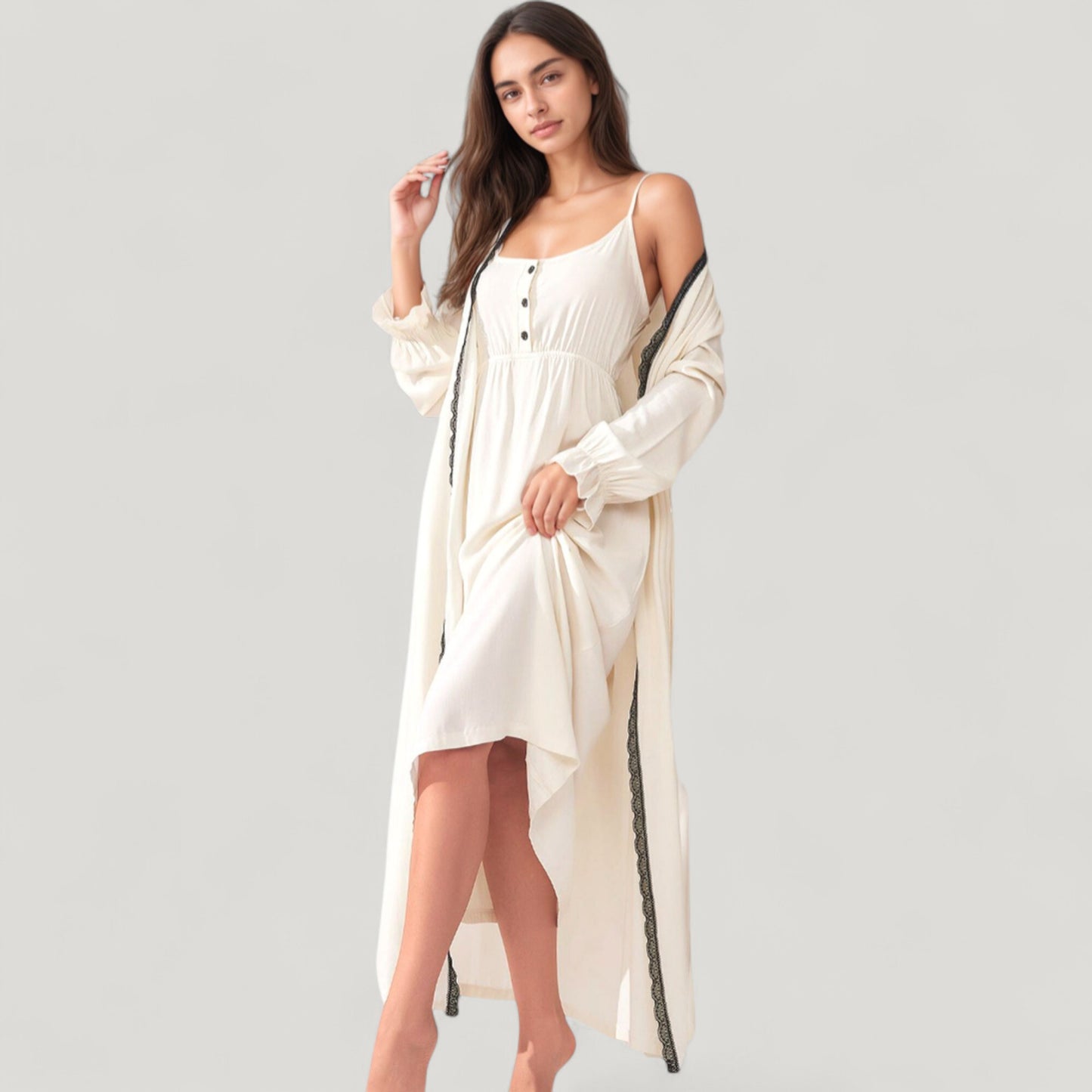 Anna-Kaci Lounge Women's Two-Piece Lounge Nightdress Set with Scoop Neck Button Front and Longline Open Robe