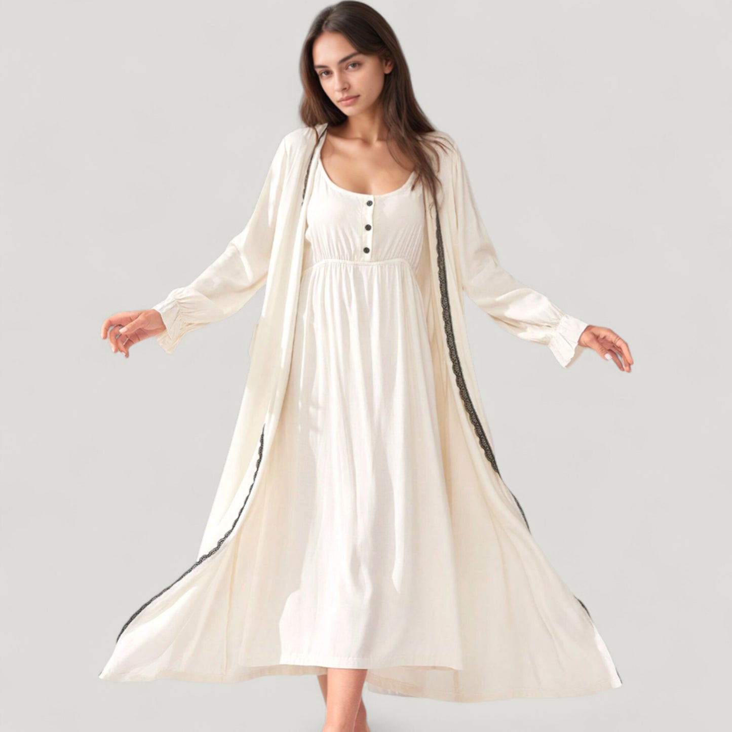 Anna-Kaci Lounge Women's Two-Piece Lounge Nightdress Set with Scoop Neck Button Front and Longline Open Robe
