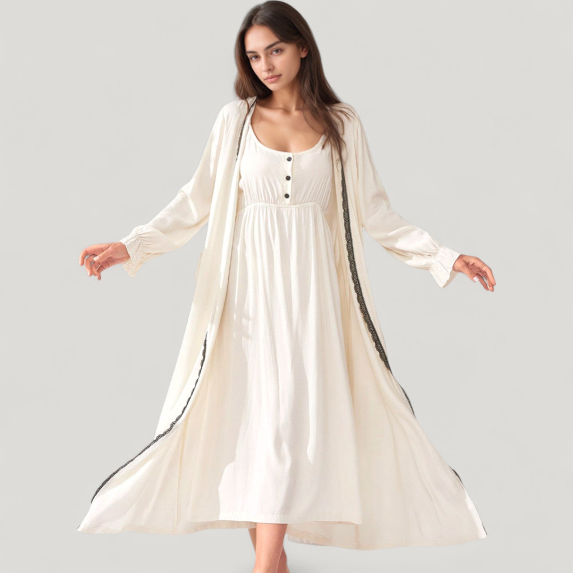 Anna-Kaci Lounge Women's Two-Piece Lounge Nightdress Set with Scoop Neck Button Front and Longline Open Robe