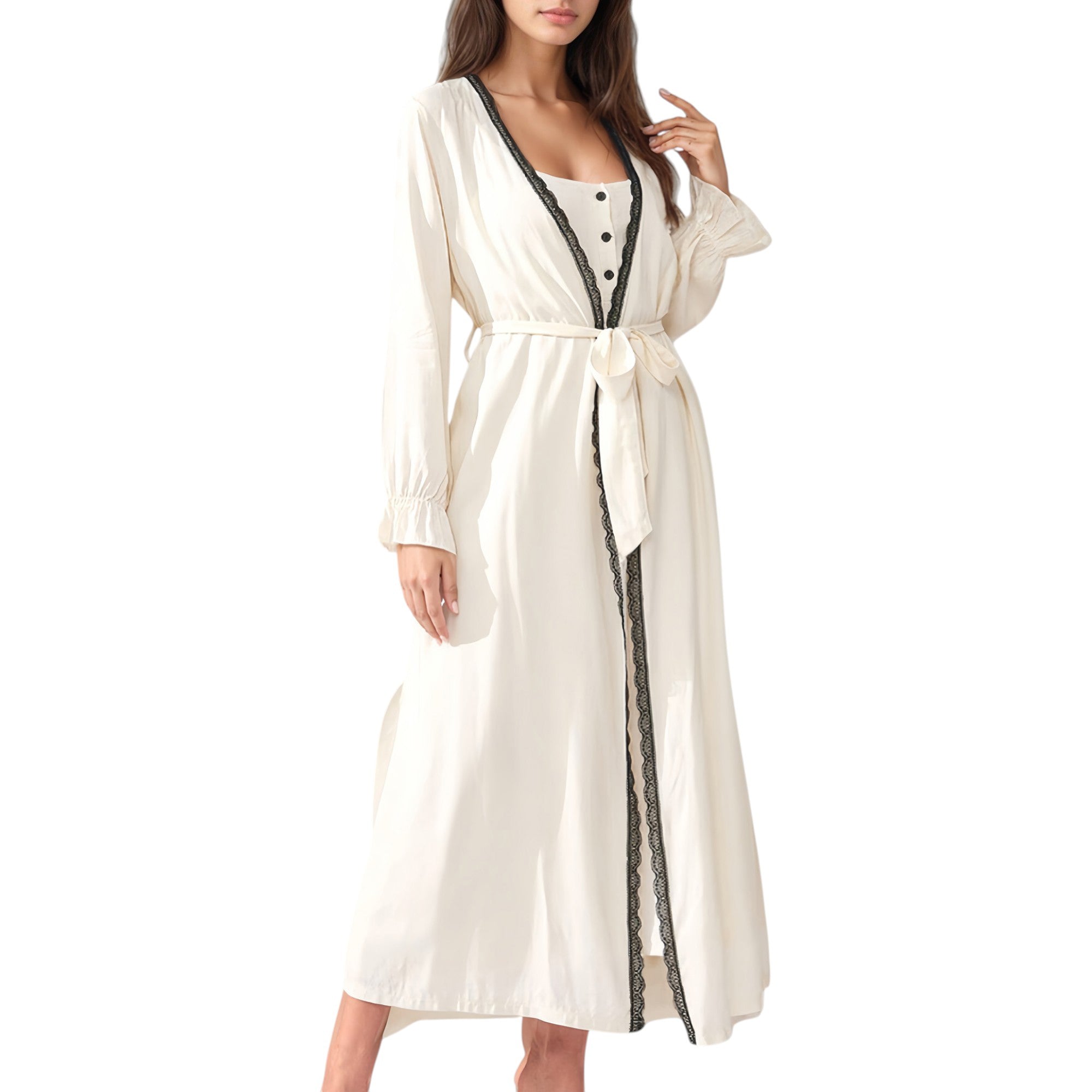 Anna-Kaci Lounge Women's Two-Piece Lounge Nightdress Set with Scoop Neck Button Front and Longline Open Robe