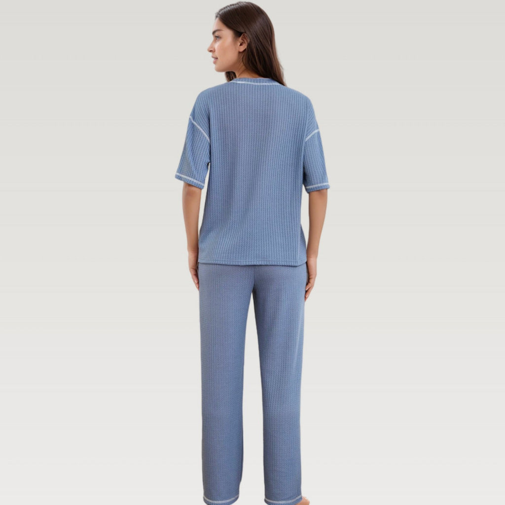 Anna-Kaci Lounge Women's Waffle Knit Pajama Set with Short Sleeve Top and Relaxed Fit Wide Leg Pants