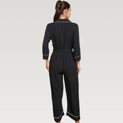 Anna-Kaci Lounge Women's Button Front Pajama Jumpsuit with Contrast Trim and Waist Tie Detail