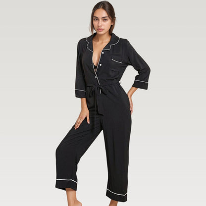 Anna-Kaci Lounge Women's Button Front Pajama Jumpsuit with Contrast Trim and Waist Tie Detail