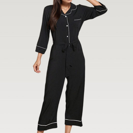 Anna-Kaci Lounge Women's Button Front Pajama Jumpsuit with Contrast Trim and Waist Tie Detail