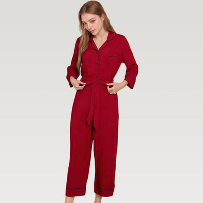 Anna-Kaci Lounge Women's Button Front Pajama Jumpsuit with Contrast Trim and Waist Tie Detail