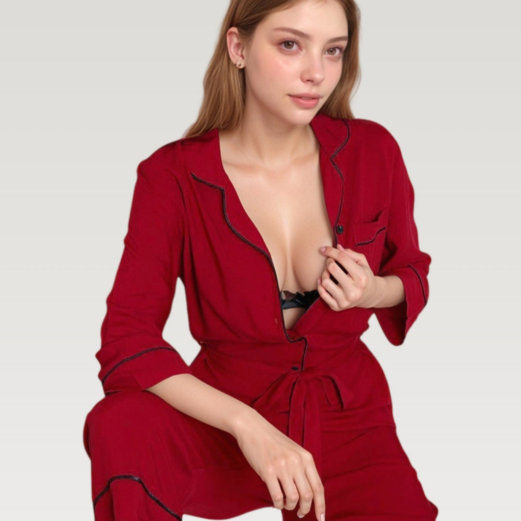 Anna-Kaci Lounge Women's Button Front Pajama Jumpsuit with Contrast Trim and Waist Tie Detail