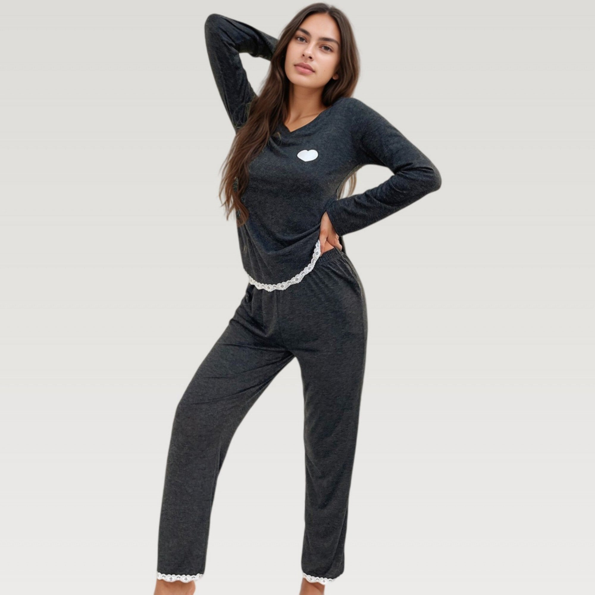 Anna-Kaci Lounge Women's Long Sleeve Pajama Set with Lace Trim and Heart Detail