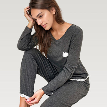 Anna-Kaci Lounge Women's Long Sleeve Pajama Set with Lace Trim and Heart Detail