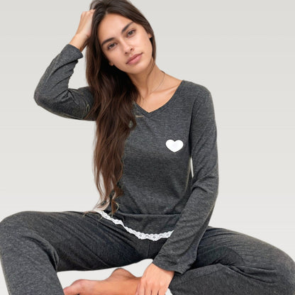 Anna-Kaci Lounge Women's Long Sleeve Pajama Set with Lace Trim and Heart Detail