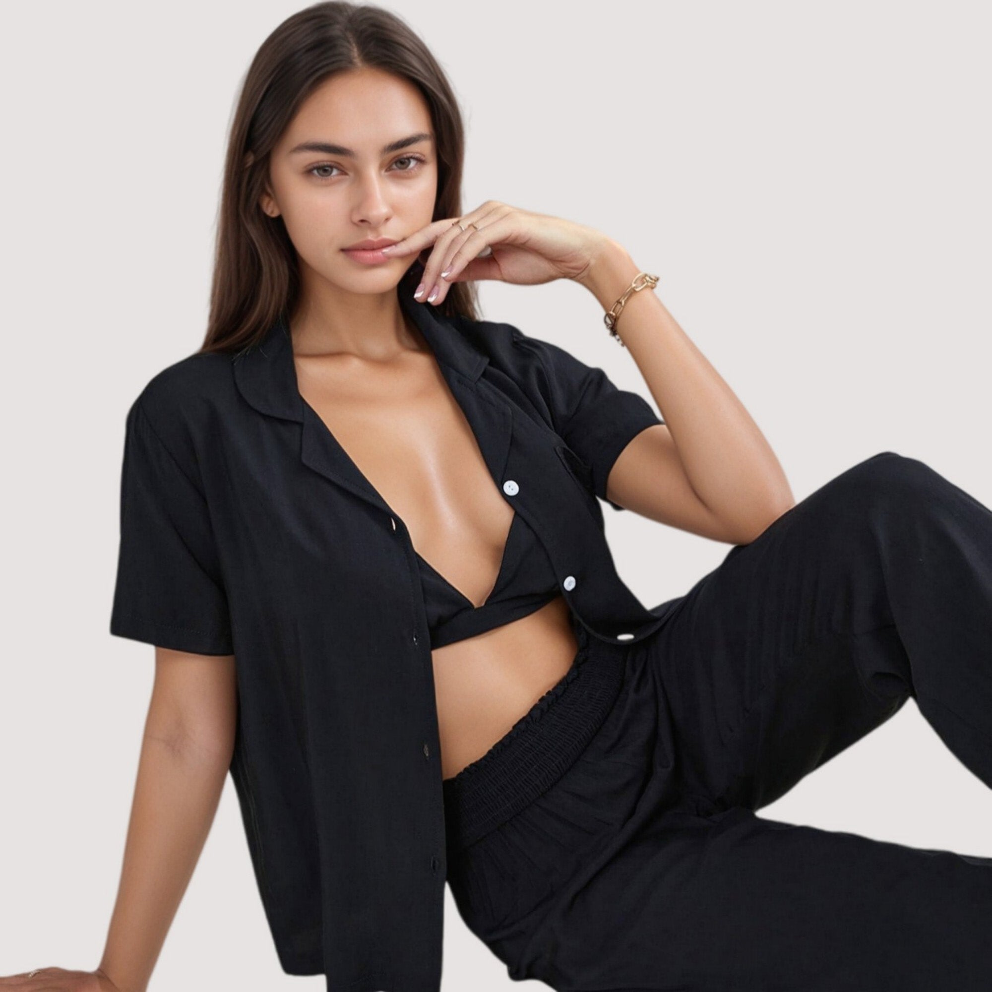 Anna-Kaci Lounge Women's 3-Piece Pajama Set with Bralette Top, Button Down Shirt, and Wide Leg Pants
