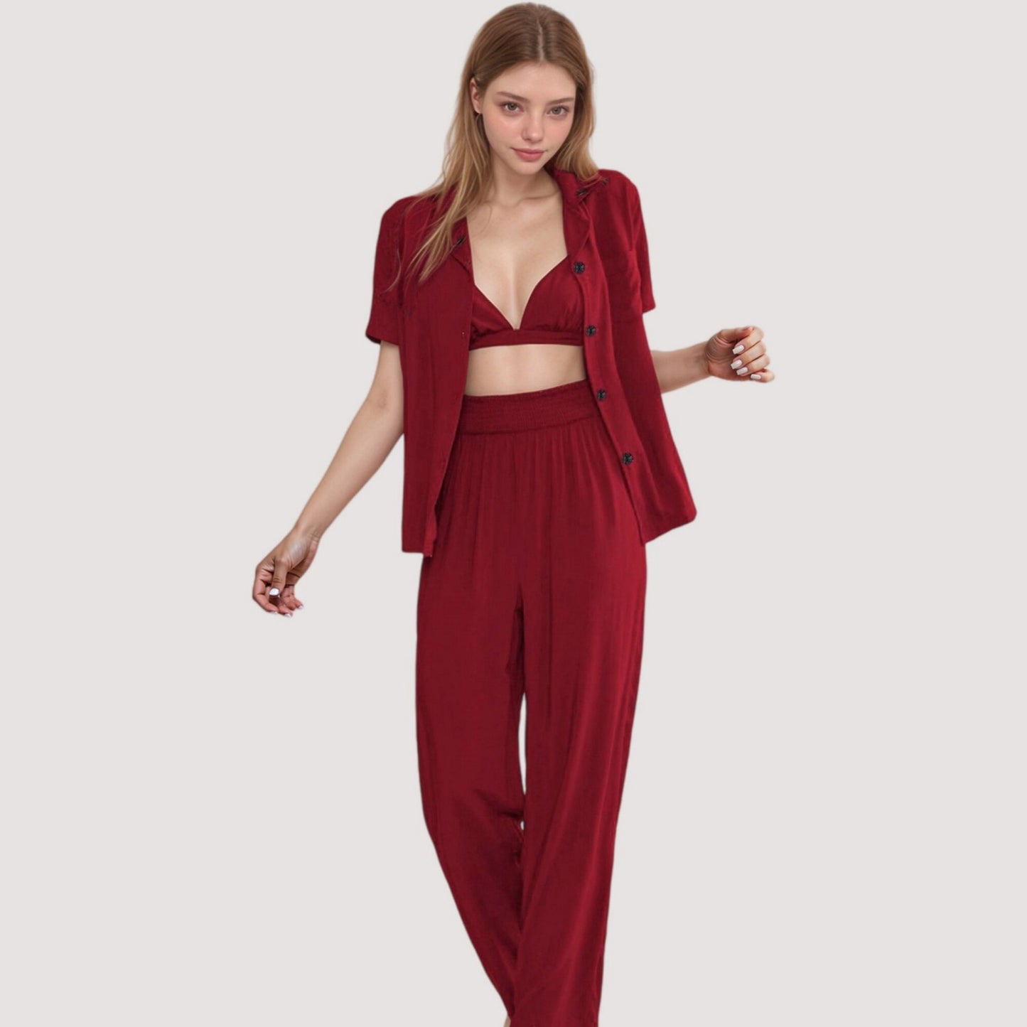 Anna-Kaci Lounge Women's 3-Piece Pajama Set with Bralette Top, Button Down Shirt, and Wide Leg Pants