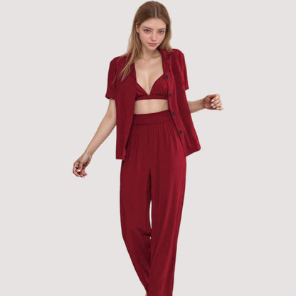 Anna-Kaci Lounge Women's 3-Piece Pajama Set with Bralette Top, Button Down Shirt, and Wide Leg Pants