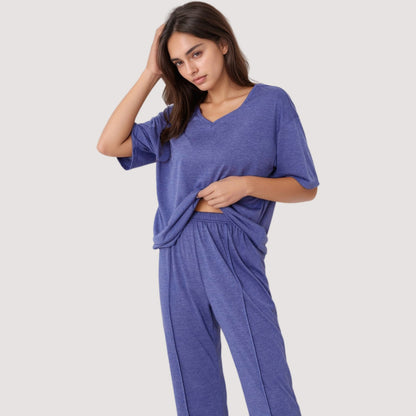 Anna-Kaci Lounge Women's Relaxed Fit Lounge Set with V-Neck Short Sleeve Top and Full-Length Pants