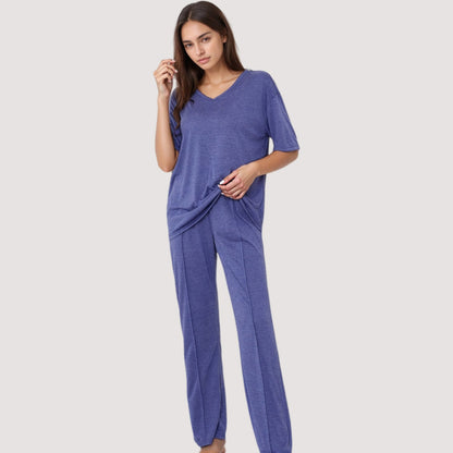 Anna-Kaci Lounge Women's Relaxed Fit Lounge Set with V-Neck Short Sleeve Top and Full-Length Pants