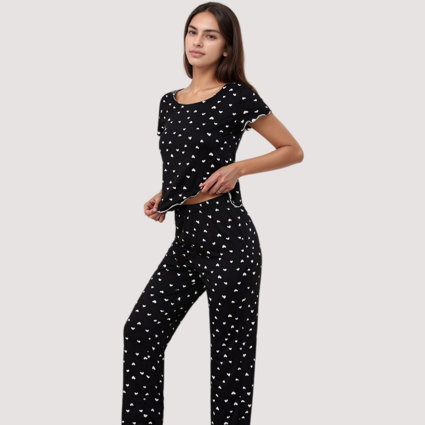 Anna-Kaci Lounge Women's Heart Print Pajama Set with Short Sleeve Lettuce Trim Top and Full-Length Pants