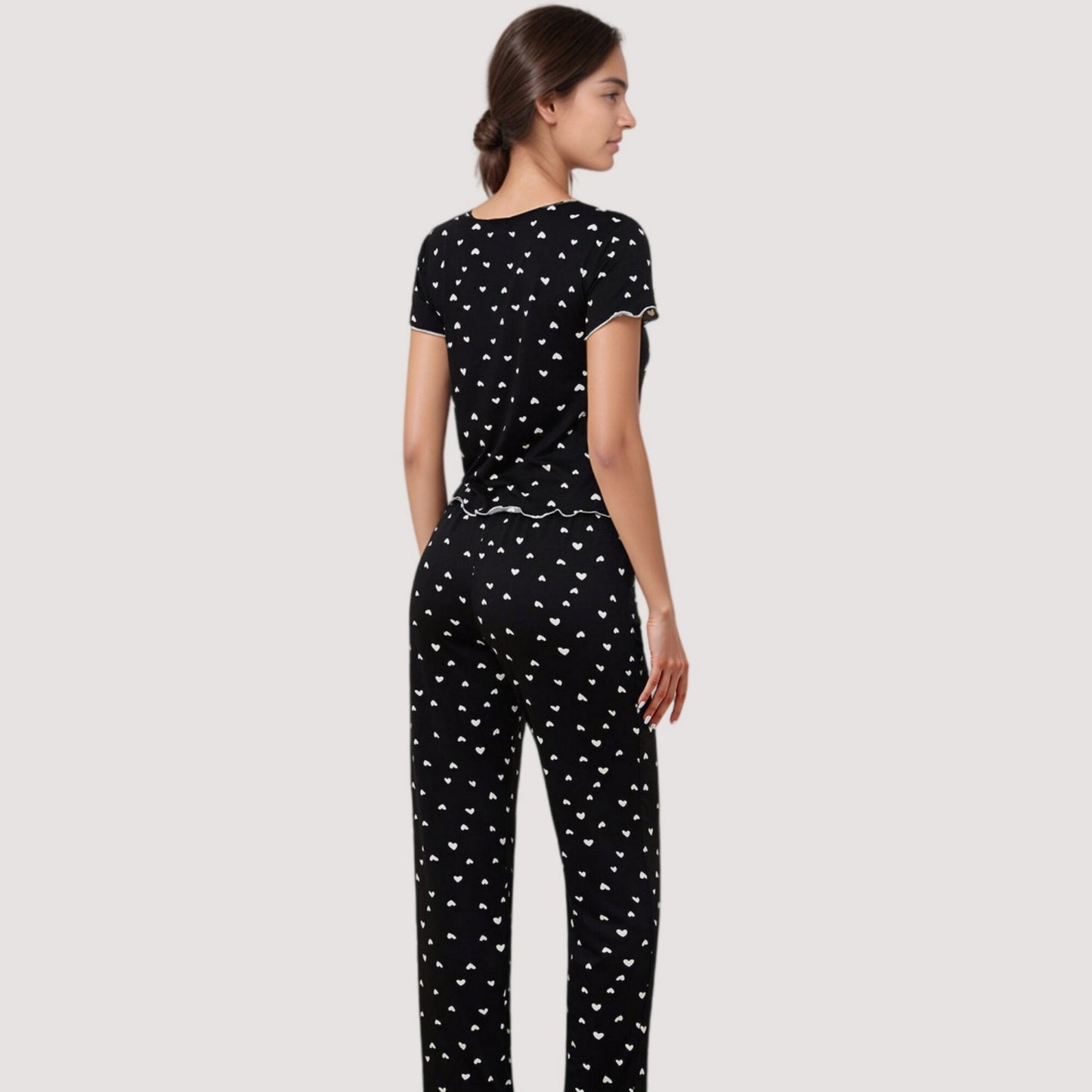 Anna-Kaci Lounge Women's Heart Print Pajama Set with Short Sleeve Lettuce Trim Top and Full-Length Pants